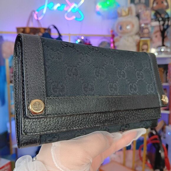 Gucci Vintage Black Monogram Canvas Leather Double Flap Snap Wallet W Box - Picture 3 of 15